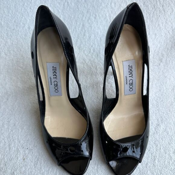 Jimmy Choo London Black Women's 36.5 US 6.5 Patent Leather Dorsay Pumps Peep Toe - Picture 6 of 9